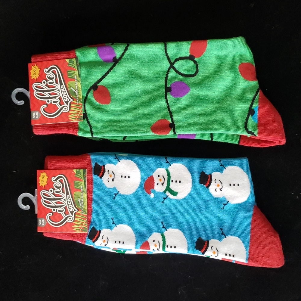 2 Mens Holiday Socks - Snowman Blue & Xmas Lights Green - New